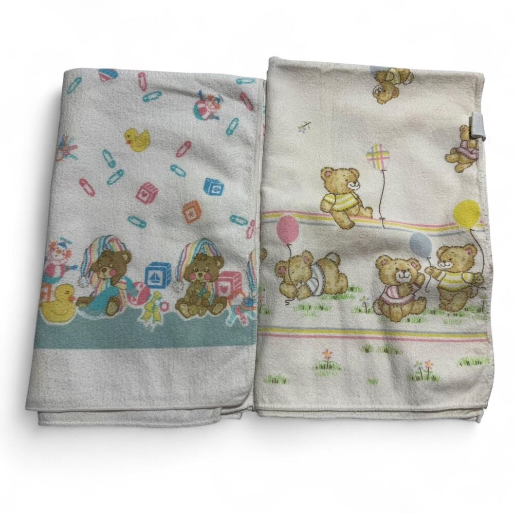 Vintage Toddle Time Teddy Bear Flannel Receiving Blankets Set of 2
